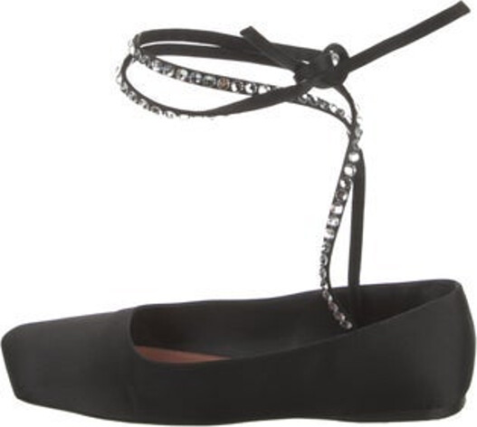 Amina Muaddi Satin Flats Black Square-Toes with Crystal Embellishments Wrap-Around Straps & Tie Closures Includes Box & Dust Bag