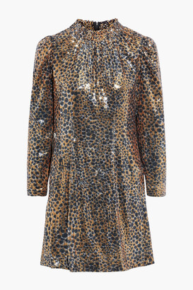 Sea Gathered Leopard-print Sequined Tulle Mini Dress