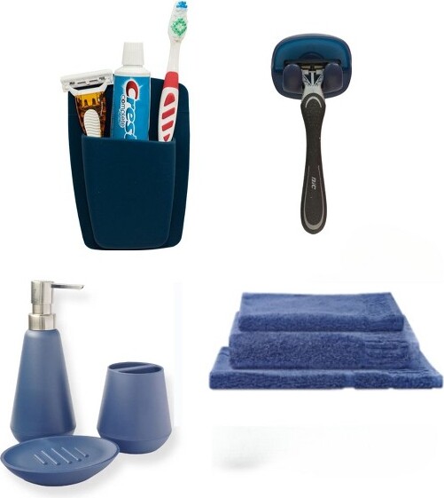 Sttelli Sttelli8-PieceBathroomBundle-SoapDispenser,SoapDish,WallHook,ToothbrushCup,WallOrganizer,3-Piece100%CottonTowelSet-Navy