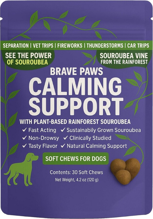Brave Paws Natural Fast Acting Beef Flavored Soft Chew Calming Support Supplement for Dogs, 4.2-oz bag, 30 count