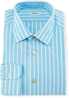 Kiton Bold-Stripe Dress Shirt, Aqua/White