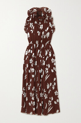 Halpern Ruffled Floral-print Plissé-georgette Midi Dress