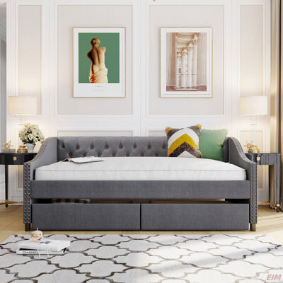 Lark Manor Upholstered Daybed With Two Drawers, Wood Slat Support (Daybed)