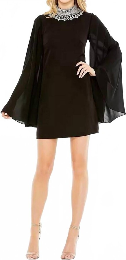 Leena for Mac Duggal Rhinestone Neck Cocktail Dress Kimono Sleeve In Black