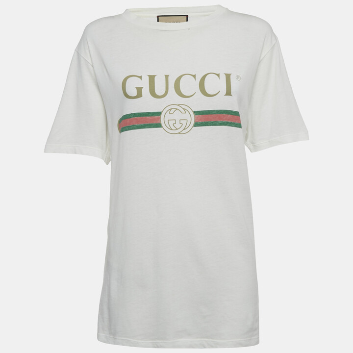 Gucci White Logo Print Cotton Distressed T-Shirt XXS