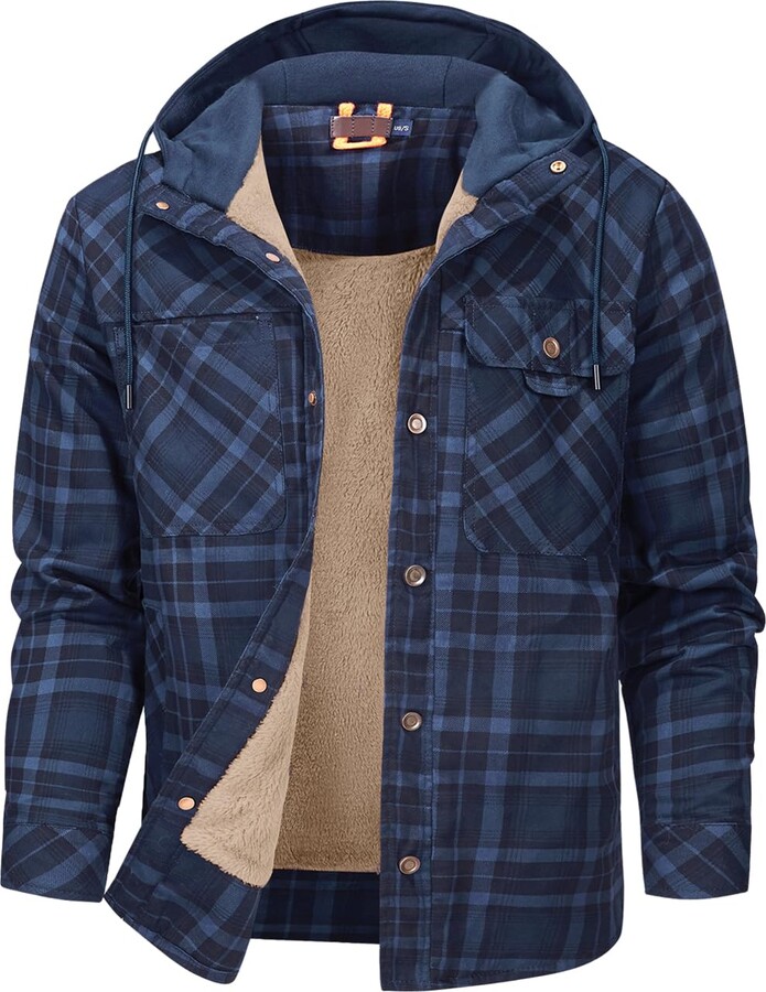 Mr.Stream Men's Padded Lumberjack Casual Long Sleeve Plaid Flannel Fur  Lined Button Warm Shirt Sherp Jacket Hoody 3252 Dark Blue M - ShopStyle