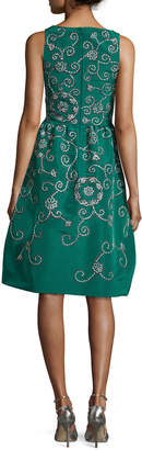Oscar de la Renta Embroidered Floral Scroll Full-Skirt Party Dress, Green