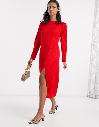 And other stories & dot jacquard puff sleeve midi dress in red