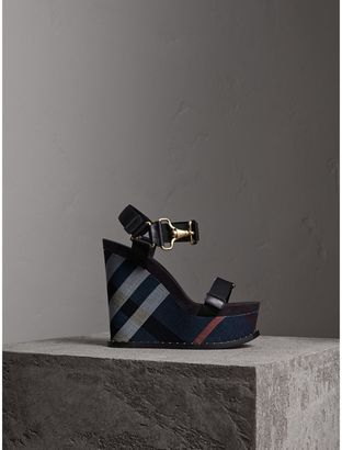 Burberry Hardware Detail Ripstop and Check Wedge Sandals