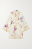 Thumbnail for your product : Zimmermann Jude Belted Lace-trimmed Floral-print Linen Mini Dress - Off-white - 00