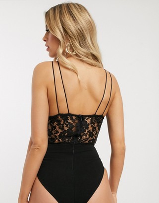 Love Triangle multi cami strap lace overlay body in black