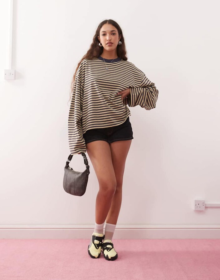 Lioness Bloom cotton blend long sleeve crew neck boxy t-shirt in beige & navy stripes