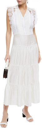 Sandro Maxime Gathered Broderie Anglaise-trimmed Sateen Midi Dress