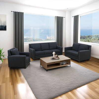 Latitude Run Lieselore 3 Piece Black Linen Nailhead Trim Living Room Set