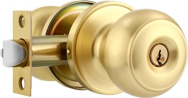 STARWELL 1 Pack Gold Ball Door Knob, Satin Brass Round Front Door Handle Gold Entry Door Lock for Right or Left Handed Doors