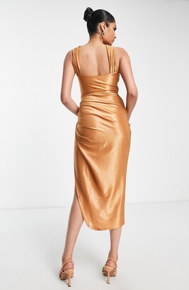 ASOS DESIGN one shoulder satin drape corset detail midi dress in Radiant  Yellow