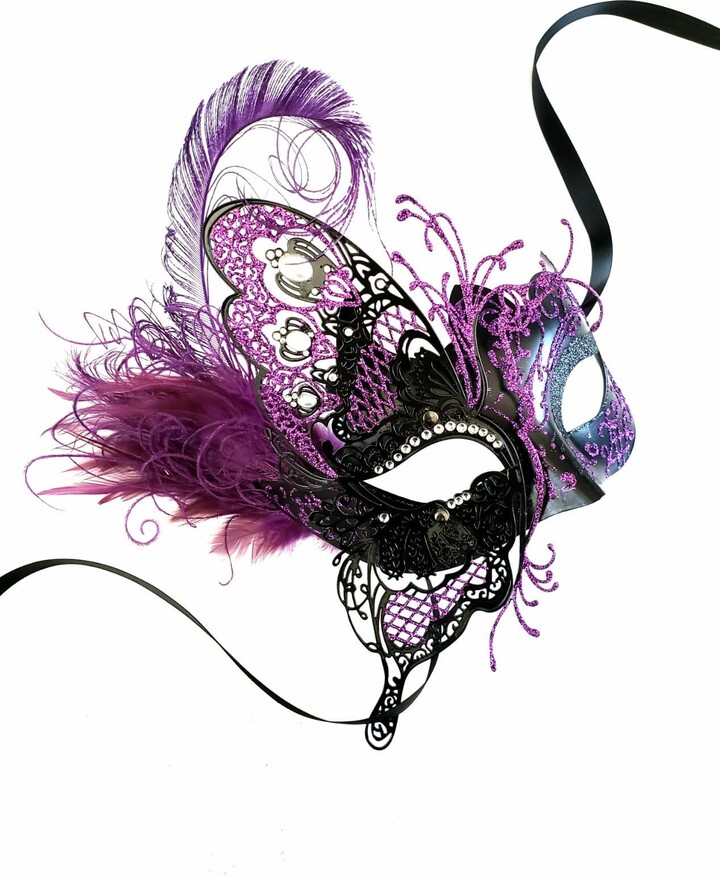 Etsy Purple Masquerade Mask Women Feather Mask Purple Black Filigree Metal Design Venetian Ball Masks Purple/Black Theme