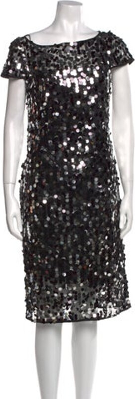 Milly Dress Black Patterned Sequin Embellishments Short Sleeve with Asymmetrical Concealed Zip Closure at Back Designer