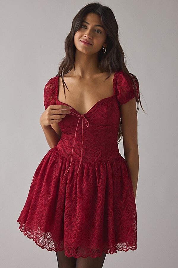Kimchi & Blue Kimchi Blue Sweetest Thing Lace Puff Sleeve Corset Mini Dress in Red