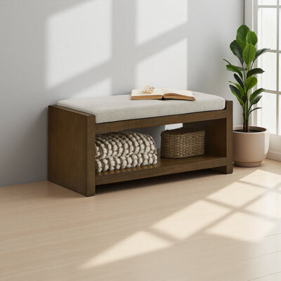 Accent Bench With Lower Shelf Shoe Rack, Padded Seating Bench For Living Room, Modern Compact Bed End Bench With Storage For Bedroom Seating, Removabl