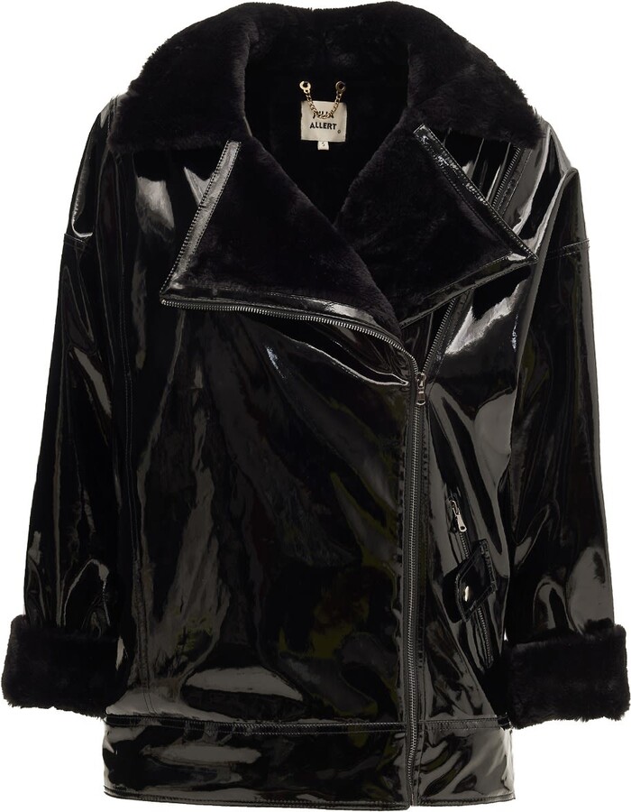 Julia Allert Women's Black Vinyl Faux Fur Lined Aviator Jacket ShopStyle