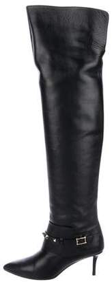 Valentino Leather Pointed-Toe Over-The-Knee-Boots