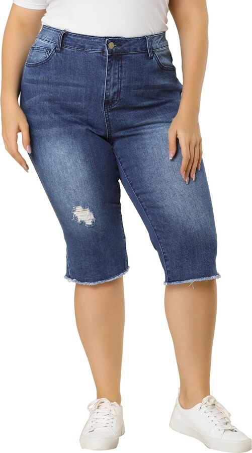 Unique Bargains Women’s Plus Size Capri Ripped Slash Pocket Raw Hem Denim Jeans 2X Blue