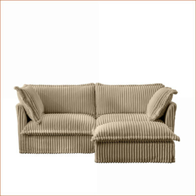 Latitude Run Sectional Sofa, Modern L-Shaped with Convertible Ottoman & Pillows | Camel | Corduroy