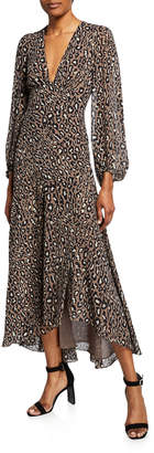 Shona Joy Buell Plunged Animal-Print Long-Sleeve Midi Dress w/ Split