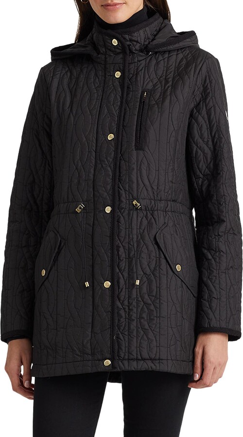 Lauren Ralph Lauren Cable Stitch Quilted Hooded Cinch Waist Jacket