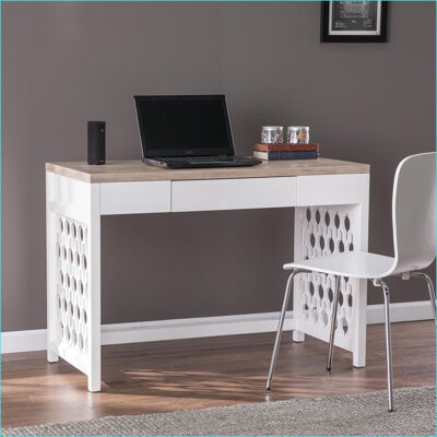 Rosecliff Heights Desks | Wayliff Two-Tone Writing Desk with Center Drawer, Creamy White & Natural | Natural | MDF