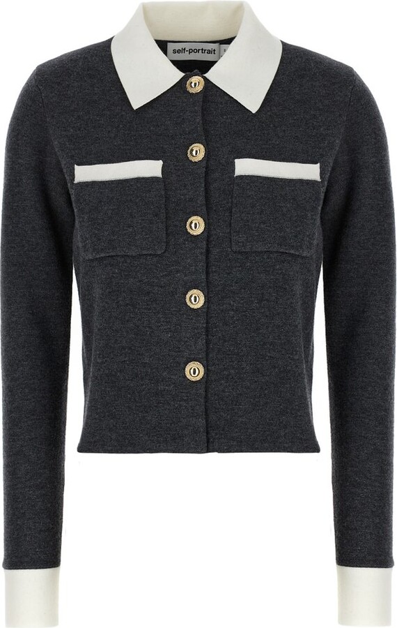 Self-Portrait Contrasted-Collar Knitted Cardigan