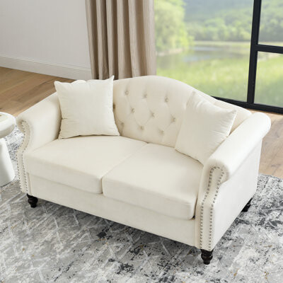 Grey Velvet Chesterfield Sofa 2 Seater Tufted Couch with Rolled Arms, Nailhead Trim and Pillows