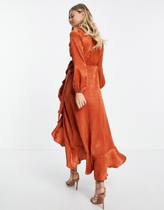 Flounce London Maternity long sleeve satin wrap maxi dress in cinnamon -  ShopStyle