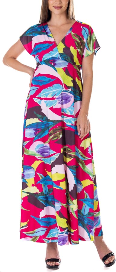 24seven Comfort Apparel Print V Neck Empire Waist Kimono Cap Sleeve Maxi Dress