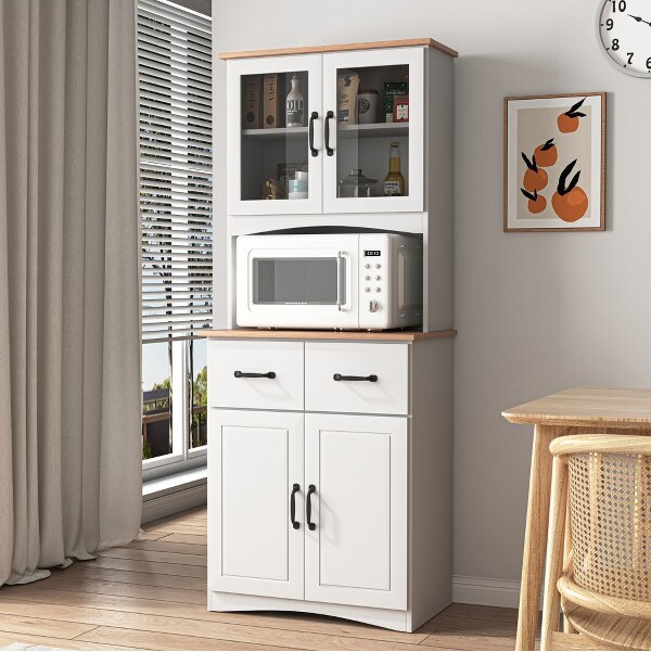 EPOCH VENTS WoodenKitchenPantryCabinetwithFramedGlassDoorsDrawersMicrowaveStandAdjustableShelvesandAnti-ToppleDesign