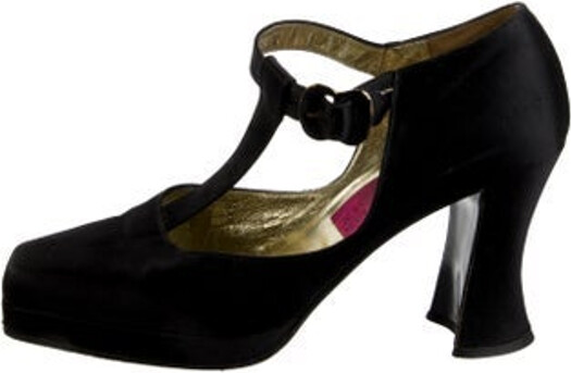 Christian Lacroix Satin T-Strap Pumps Black Square-Toes Platform Mary Jane Strap & Buckle Closure at Sides | Christian Lacroix Satin T-Strap Pumps in Black, Women's IT 36 | 6