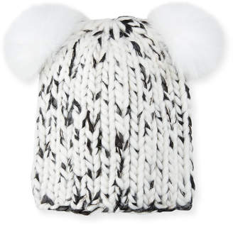 Eugenia Kim Mimi Metallic Knit Beanie Hat w/ Fur Pompoms