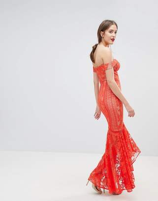 Jarlo Tall All Over Lace Off Shoulder Fishtail Maxi Dress