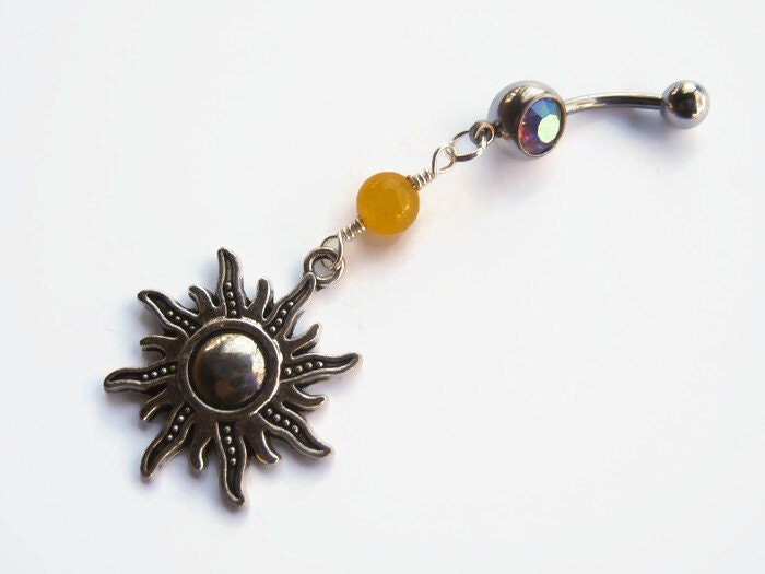 Etsy Sun Belly Ring, Yellow Jade Button Antiqued Silver, Sunshine Piercing, Gemstone Sunburst, Nature Body Jewelry