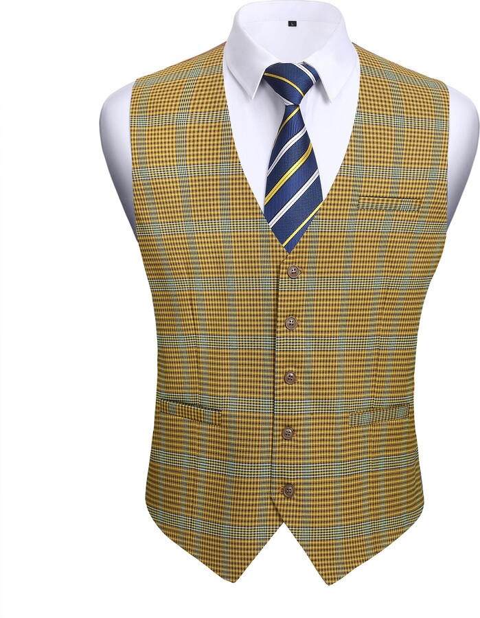 HISDERN Men's Plaid Waistcosts Formal Wedding Yellow Check Waistcoat Regular Fit Vintage