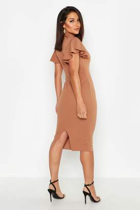 boohoo NEW Womens High Neck Frill Sleeve Midi Dress in Polyester 5% ELastane