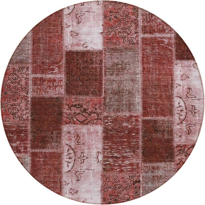 HomeRoots Burgundy, Merlot, Blush 8 ft. Round Woven Plaid Polyester Round Indoor/Outdoor Area Rug