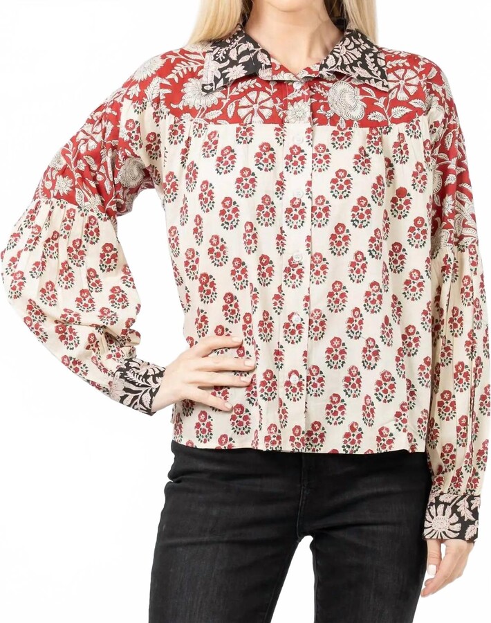Mahila Rahema Long Sleeve Blouse In Red/black