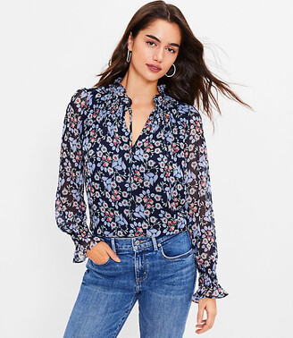 LOFT Floral Smocked Ruffle Tie Neck 