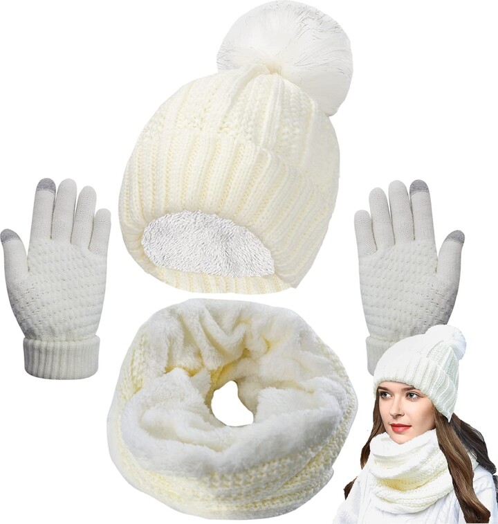 Aneco Womens Winter Warm Sets Knitted Fur Pompoms Beanie Hat Circle Loop Scarf Touch Screen Gloves Winter Favor Accessories 