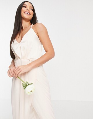 TFNC Tall bridesmaid satin halterneck top maxi dress in light blush
