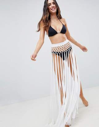 ASOS Design Slinky Fringed Knotted Beach Sarong Skirt In White