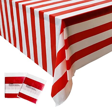 2 Pieces Red and White Striped Tablecloth Plastic Stripe Table Cover Carnival Circus Tablecloths Waterproof Rectangle Tablecloth for Holiday Party Picnic Decoration, 54" x 107"