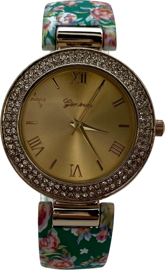 Olivia Pratt Green Floral Printed Soft Band Bangle Women Watch